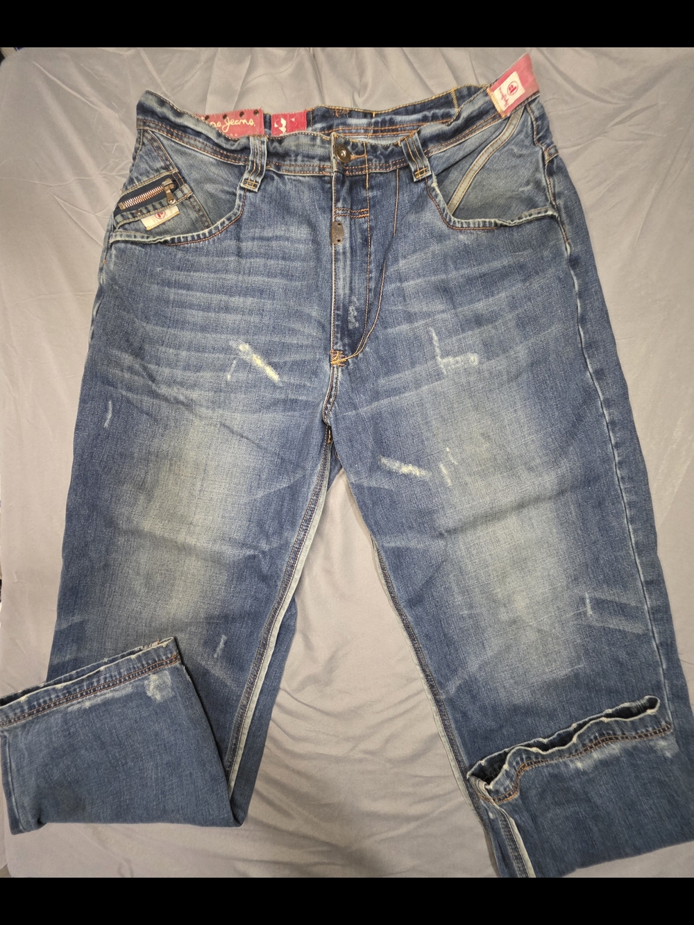 Pepe Jeans London Men's 38x32 Y2K Distressed Straight-Leg Denim Jeans Streetwear